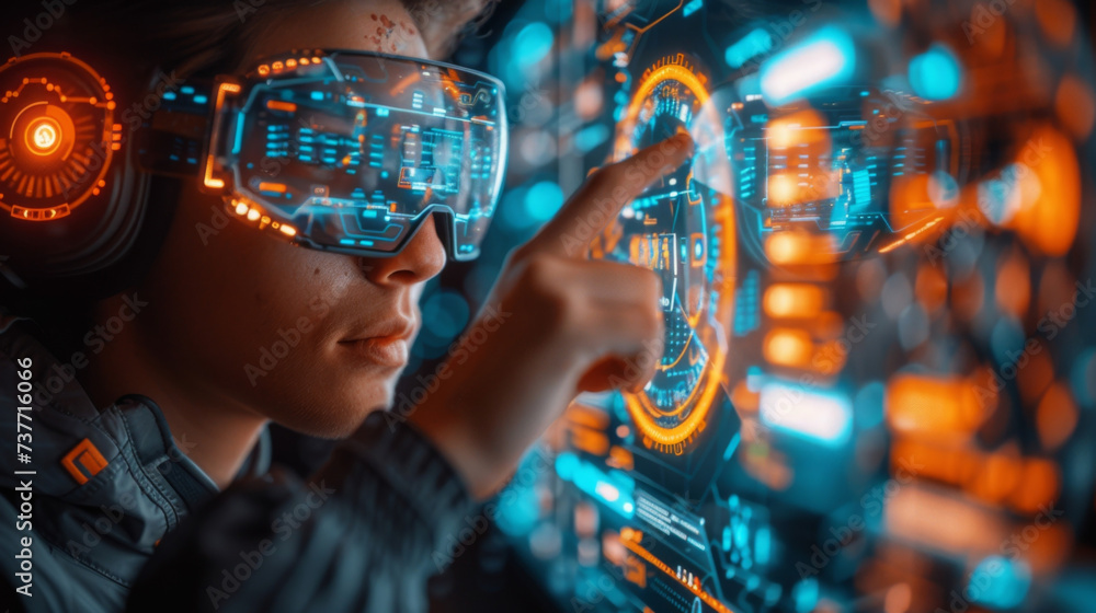 Poster a futuristic depiction of a virtual shopping mall using ar technology. shoppers are shown navigating