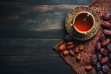 cup of tea with dried fruits on the table. Ramadan kareem decorations background. Top view, flat lay moslem islam iftar braking fast concept - generative ai - obrazy, fototapety, plakaty