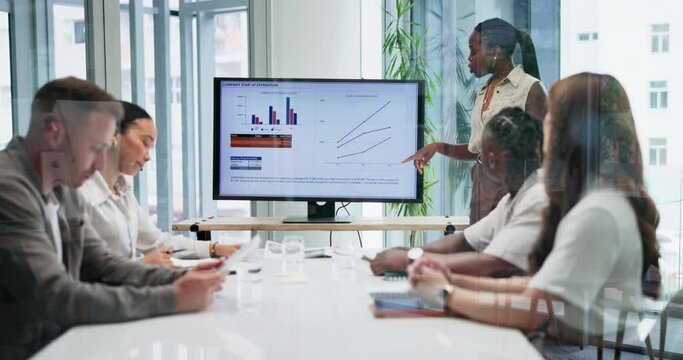 Business people, black woman or screen for graphs presentation and data analysis for growth charts. Sale infographics, financial statistics or African speaker teaching on budget on monitor in meeting