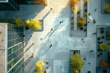 aerial view of people walking on esplanade of financial district with trees, surrounded by buildings, green and gray, concrete, top down view of employees walking, drone view on city dowtown - Powered by Adobe