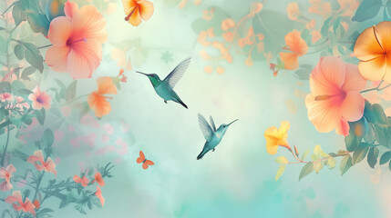 hummingbirds and flowers background painting with birds pink orange yellow spring blooms blossoms green plants butterflies blue sky cute beautiful refined elegant drawing banner decoration wallpaper