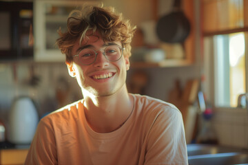 portrait of a young man in his kitchen sunlight smiling wearing pink tshirt eyeglasses happy curly blond hair joyful golden light window sink cheerful warm gentle kind look welcoming friendly
