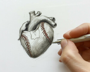 Obraz premium Minimalist sketch of a heart intertwined with lifestyle elements and a baseball at its core