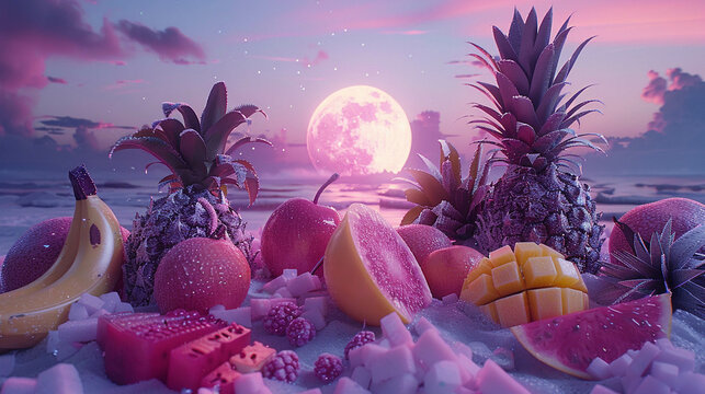 Neon infused scene of tropical fruits and algebra symbols blending under moonlight