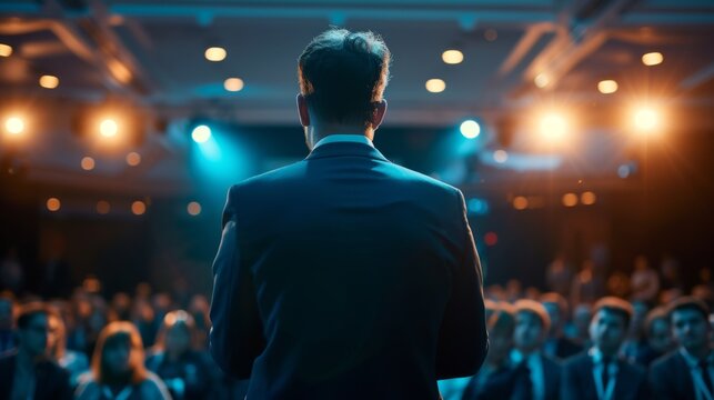 A successful entrepreneur delivering a keynote speech to a diverse and attentive audience at a business summit