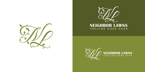 Naklejka premium Abstract initial letter NL or LN logo in green color presented with multiple background colors. The logo is suitable for a lawn business company logo design inspiration template