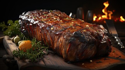 Delicious barbecue beef on tables with blurred background.
