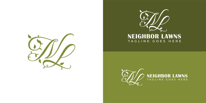 Abstract initial letter NL or LN logo in green color presented with multiple background colors. The logo is suitable for a lawn business company logo design inspiration template