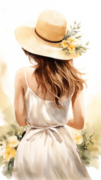 Hand drawn cartoon spring watercolor illustration of girl wearing straw hat back view
