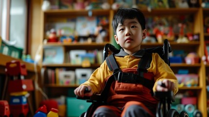 Obraz premium A polio-affected boy in a wheelchair with his loving family and cheerful toys