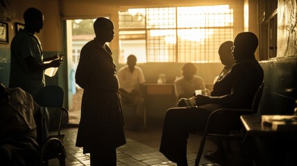 A clinic scene of a person with HIV/AIDS being treated with antiretroviral therapy by healthcare workers and family members in the dawn light. - obrazy, fototapety, plakaty