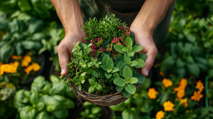 Hands Holding Bowls of Fresh Basil in a Lush Garden
