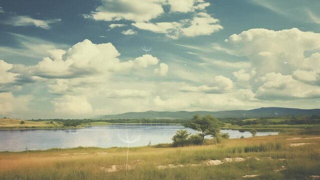  vintage photo of a beautiful summer landscape. landscape with clouds. seamless looping overlay 4k virtual video animation background 