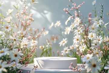 Fototapeta na wymiar Podium white 3d display nature white. Garden floral background.
