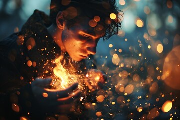 A mystical magician conjures sparkling magic light and bokeh effects from his hand against a fantastical background, casting a spell of wonder and enchantment. Generative AI.