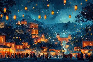 Celebrating the spirit of Ramadan a colorful marketplace bustling with activity adorned with lanterns.