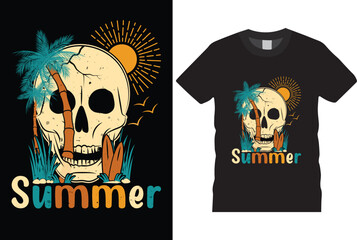 Vector illustration on the theme of SUMMER beach in sea beach surfing boat, skull, palm tree, sunset ,vector summer t shirt template .