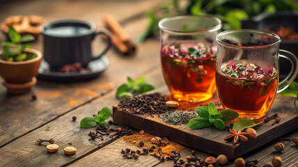 Herbal Tea Assortment with Fresh Ingredients on a Wooden Table