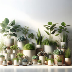 a collection of potted plants arranged neatly against a white background, the beauty and variety of houseplants in different sizes and shapes