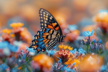 Butterfly's wings blending harmoniously with the blossoms.