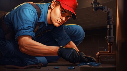 Illustration of a plumber repairing sanitation wearing a blue work uniform and hat - obrazy, fototapety, plakaty