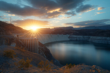 Sunset Over a Tranquil Hydroelectric Dam Reservoir