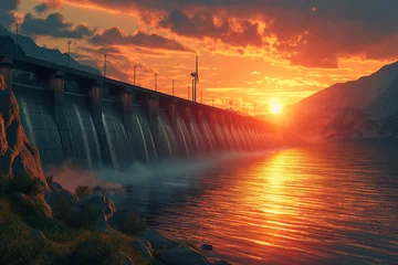 Papier Peint photo Orange Sunset Over a Tranquil Hydroelectric Dam Reservoir