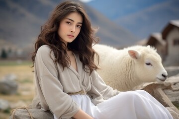Beautiful young asian woman enjoying time with a lovely sheep on a  farm