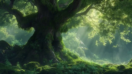 Keuken spatwand met foto Enchanting Oak Majesty: Sunlight Filtering Through Ancient Tree Canopy © slonme