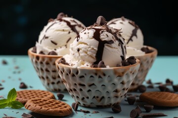 Bowls of vanilla ice cream topped with chocolate syrup and chocolate chips on a teal background.
