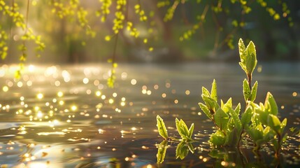 Close-up of a willow tree sprouting by the lake and the sunlight shining on the lake surface - obrazy, fototapety, plakaty