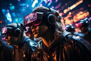 a group of people wearing virtual reality goggles and headphones - obrazy, fototapety, plakaty