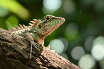 Fototapeta premium Green iguana resting on a tree branch in a tropical environment.