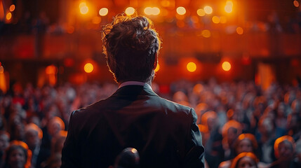 businessman delivering a keynote speech at a corporate event - obrazy, fototapety, plakaty