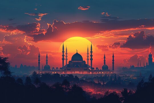 An iconic mosque with its intricate architecture and towering minarets on sunset.
