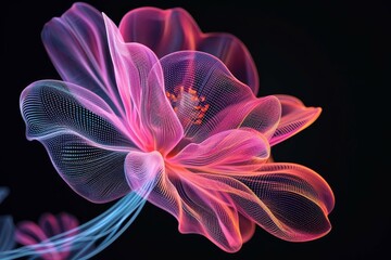 A stunning digital representation of a flower with vibrant neon colors on a black background.
