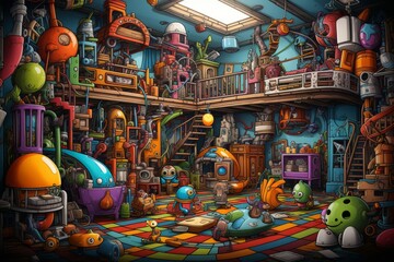 Cartoon cute doodles of a colorful playroom, with characters engaging in fun games, playing with toys, and letting their imagination soar, Generative AI