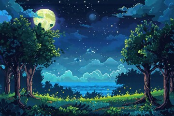 Obraz na płótnie Canvas 8 bit game style of spring or summer night forest horizontal background.