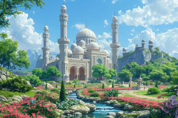 Fototapeta na wymiar A serene and peaceful Islamic background depicting a tranquil mosque nestled amidst a lush garden. 