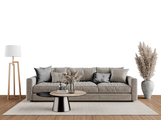 Free PNG wallpaper mockup in living room interior with sofa, isolated on transparent background, 3d render, 3D illustration	
