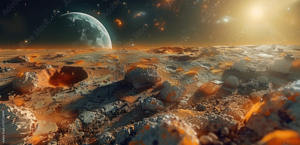 Aufkleber Surface of planet in colorful outer space. Generative AI.
