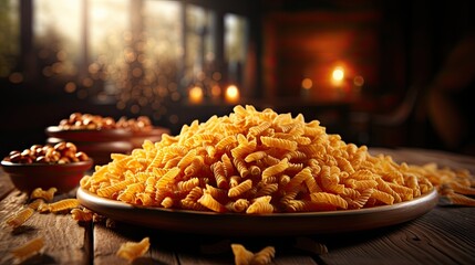 Pasta food on wooden table with blurred background.
