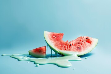 Creative Melting watermelon slice on blue background.