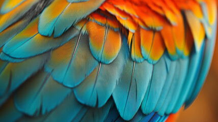 Fototapeta premium Vibrant Macaw Feather Detail - A Symphony of Colors in Nature