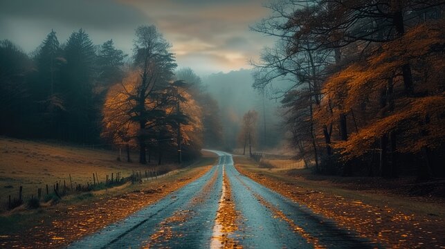 Beautiful countryside road. Dark lighting. Generative AI.