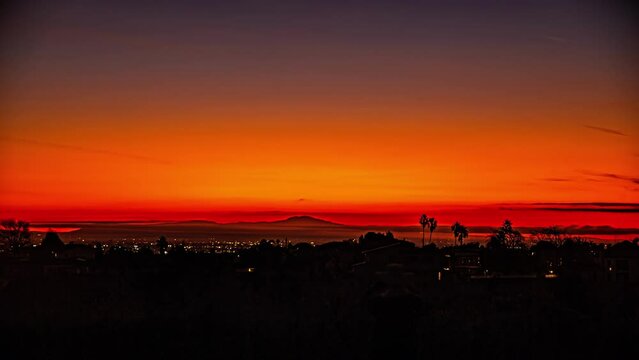 Timelapse of silhouette people watching the sunset at a viewpoint in Los Angeles, sunset in California, USA