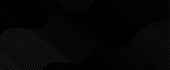 Vector black background with wavy white gradient lines.  - obrazy, fototapety, plakaty