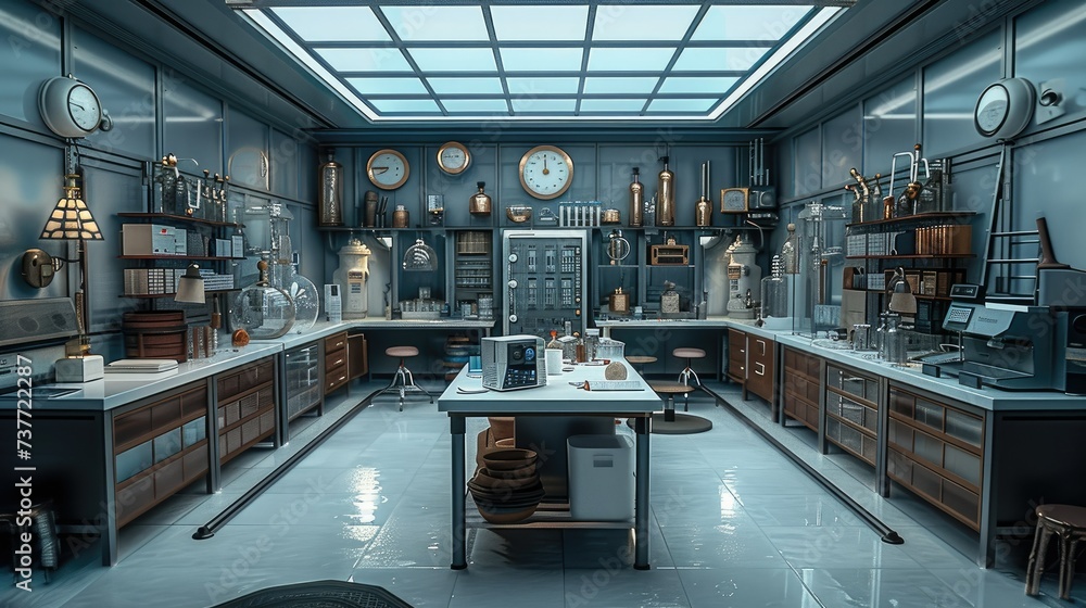Aufkleber a scientist's science room, modern biological applied science laboratory with technological microsco