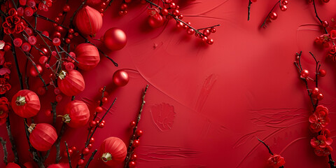 Christmas background with gift red berry bell tree and decor
