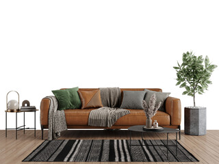 Free PNG wallpaper mockup in living room interior with sofa, isolated on transparent background, 3d render, 3D illustration	